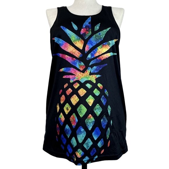 Unbranded Tops - Colorful Pineapple Print Tank Top Womens Sz L Black Sleeveless Tropical Rainbow